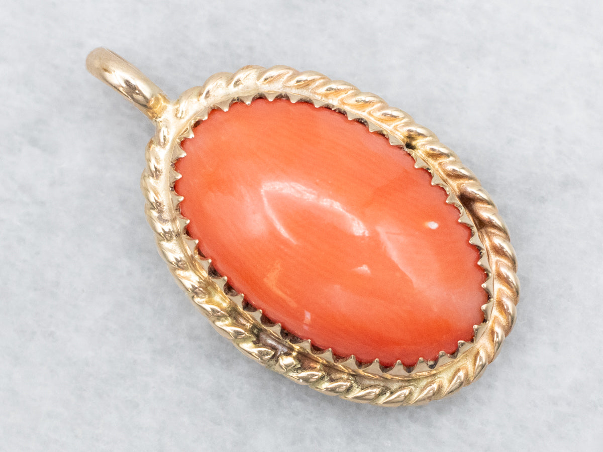 Beautiful Salmon Hued Coral Pendant in Vintage Gold Frame