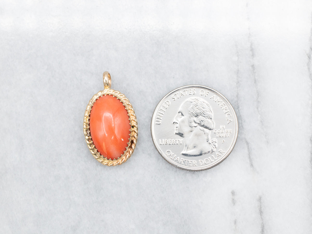 Beautiful Salmon Hued Coral Pendant in Vintage Gold Frame