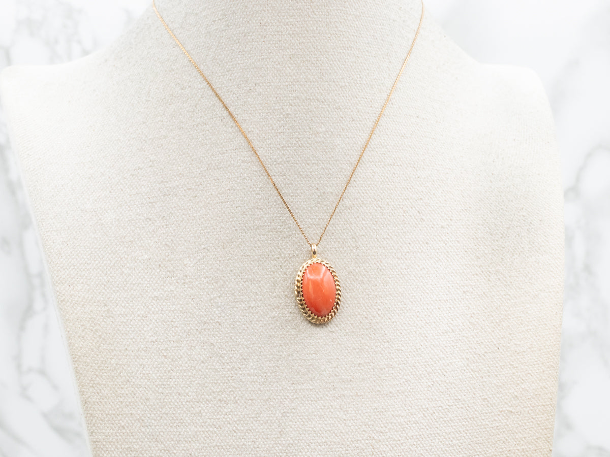 Beautiful Salmon Hued Coral Pendant in Vintage Gold Frame