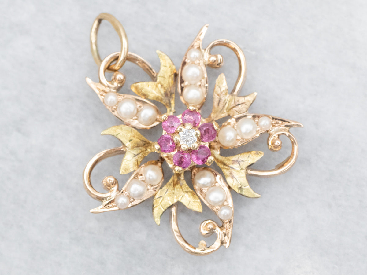 Mix Era Diamond Ruby and Pearl Flower Pendant
