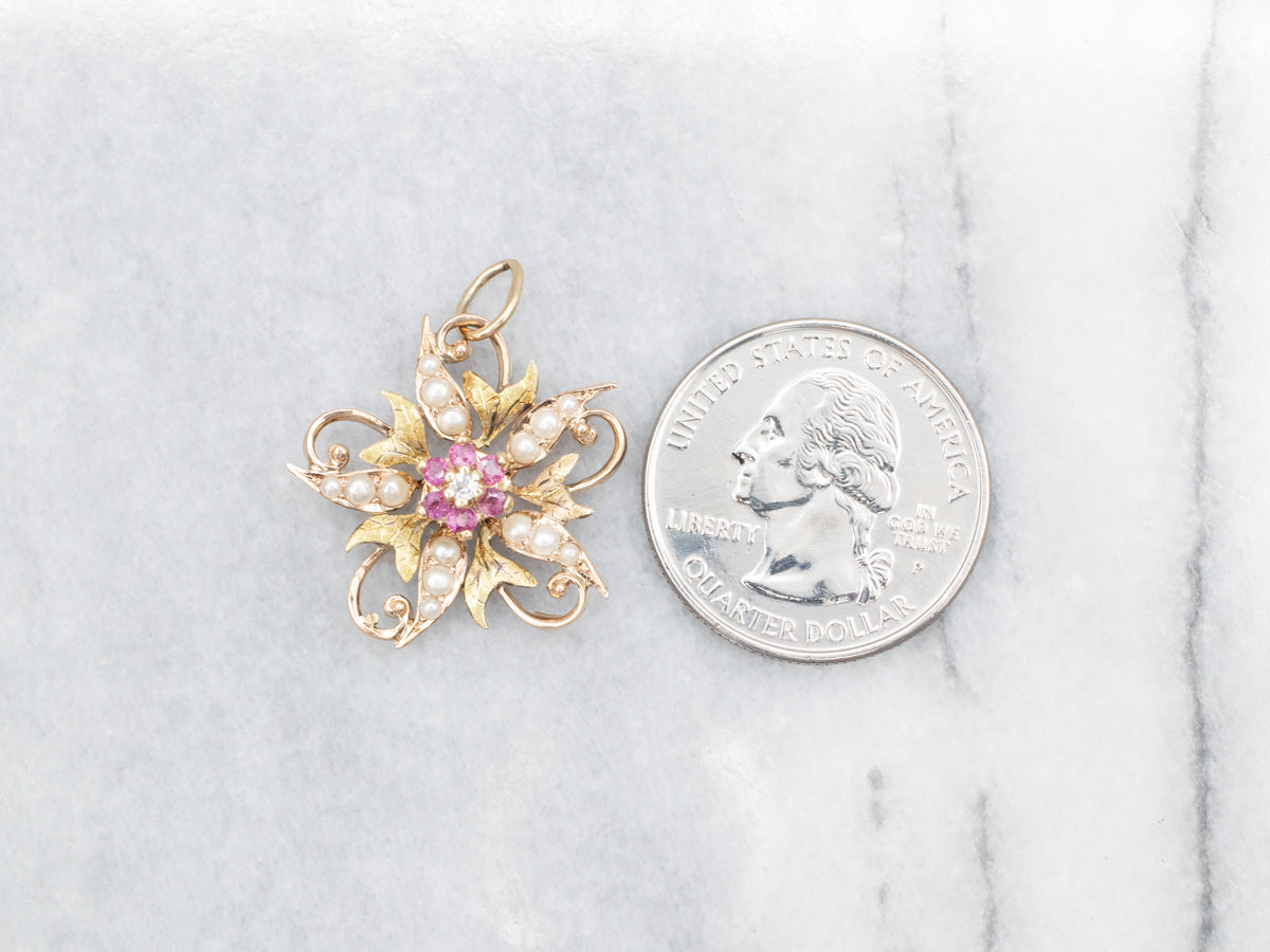 Mix Era Diamond Ruby and Pearl Flower Pendant