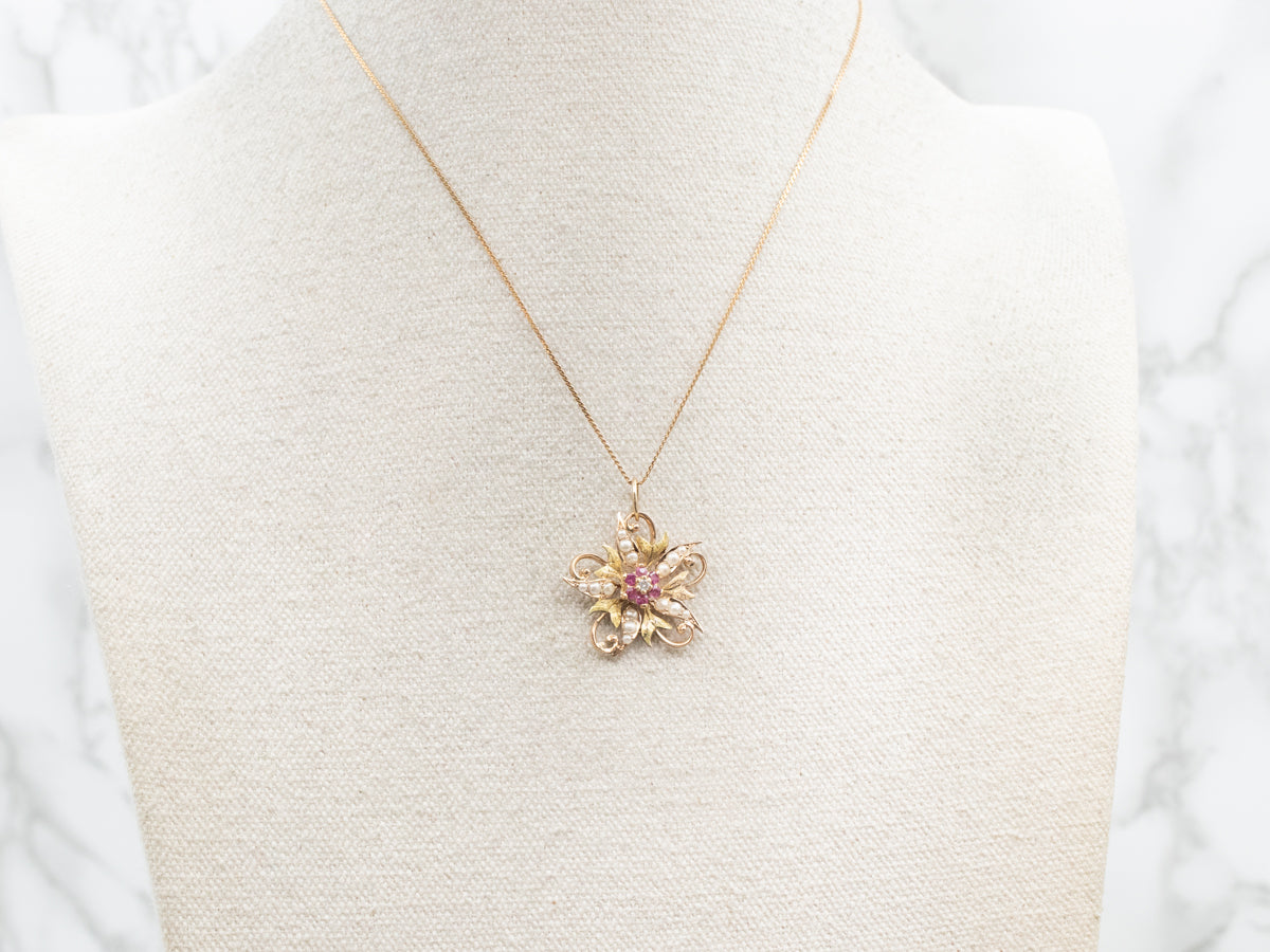 Mix Era Diamond Ruby and Pearl Flower Pendant