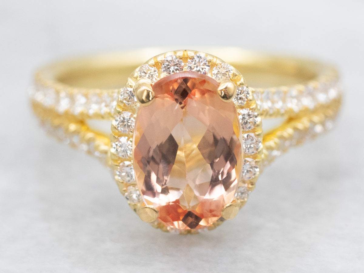 Modern Peach Tourmaline and Diamond Halo Ring