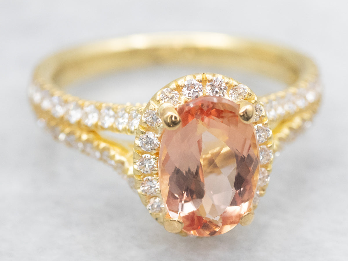 Modern Peach Tourmaline and Diamond Halo Ring