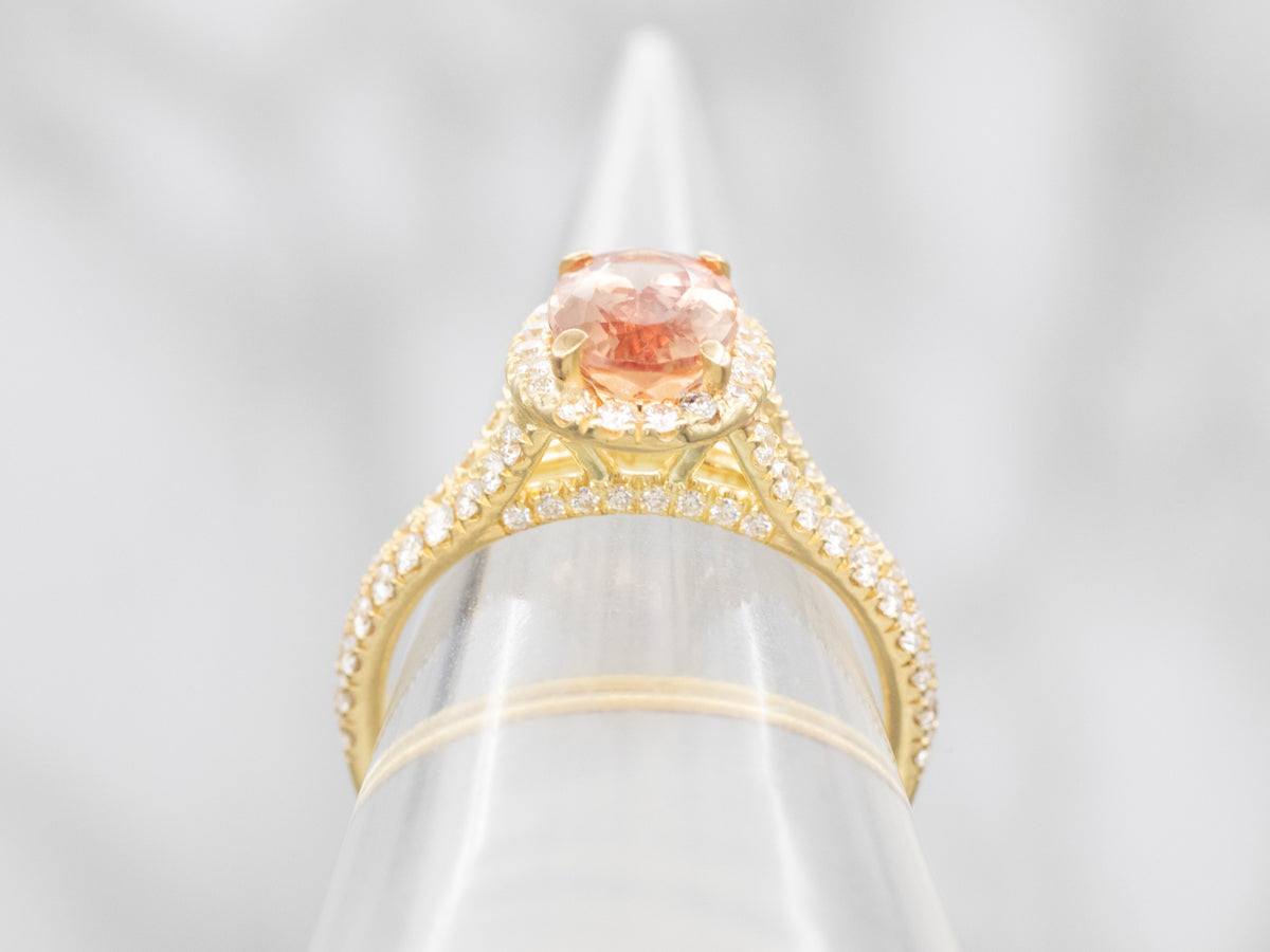 Modern Peach Tourmaline and Diamond Halo Ring