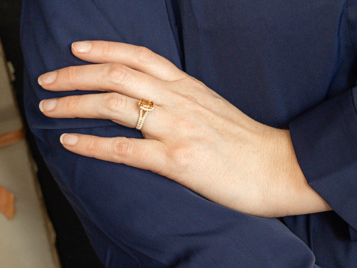 Modern Peach Tourmaline and Diamond Halo Ring