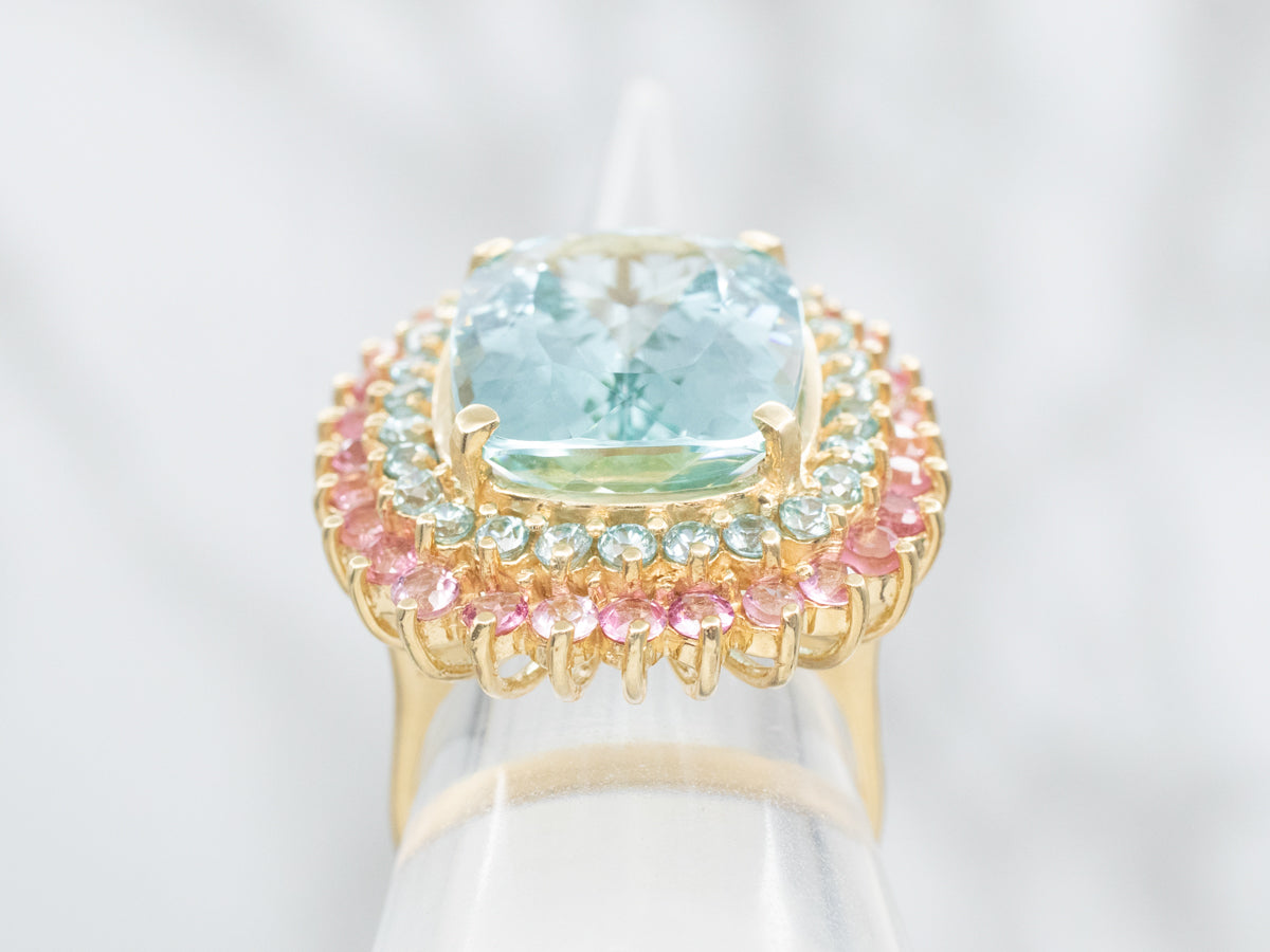 Aquamarine Cocktail Ring with Blue Topaz and Pink Tourmaline Double Halo