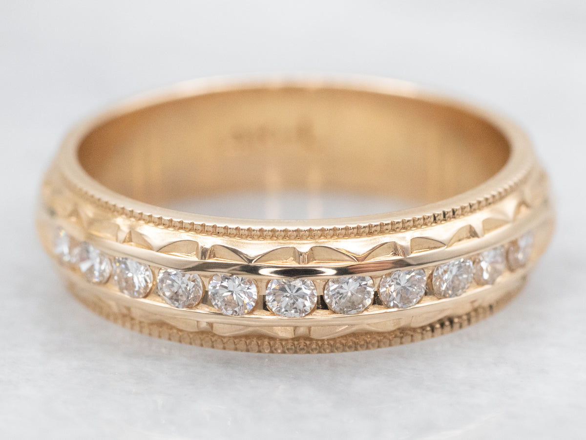 Channel Set Diamond Patterned Wedding Band with Milgrain Edge