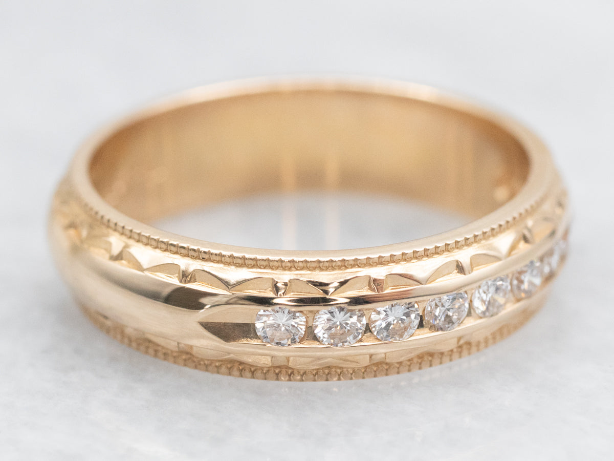 Channel Set Diamond Patterned Wedding Band with Milgrain Edge