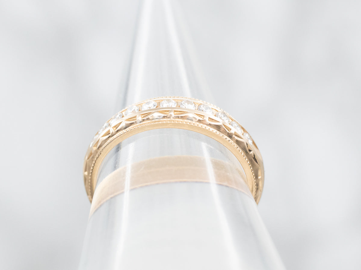 Channel Set Diamond Patterned Wedding Band with Milgrain Edge