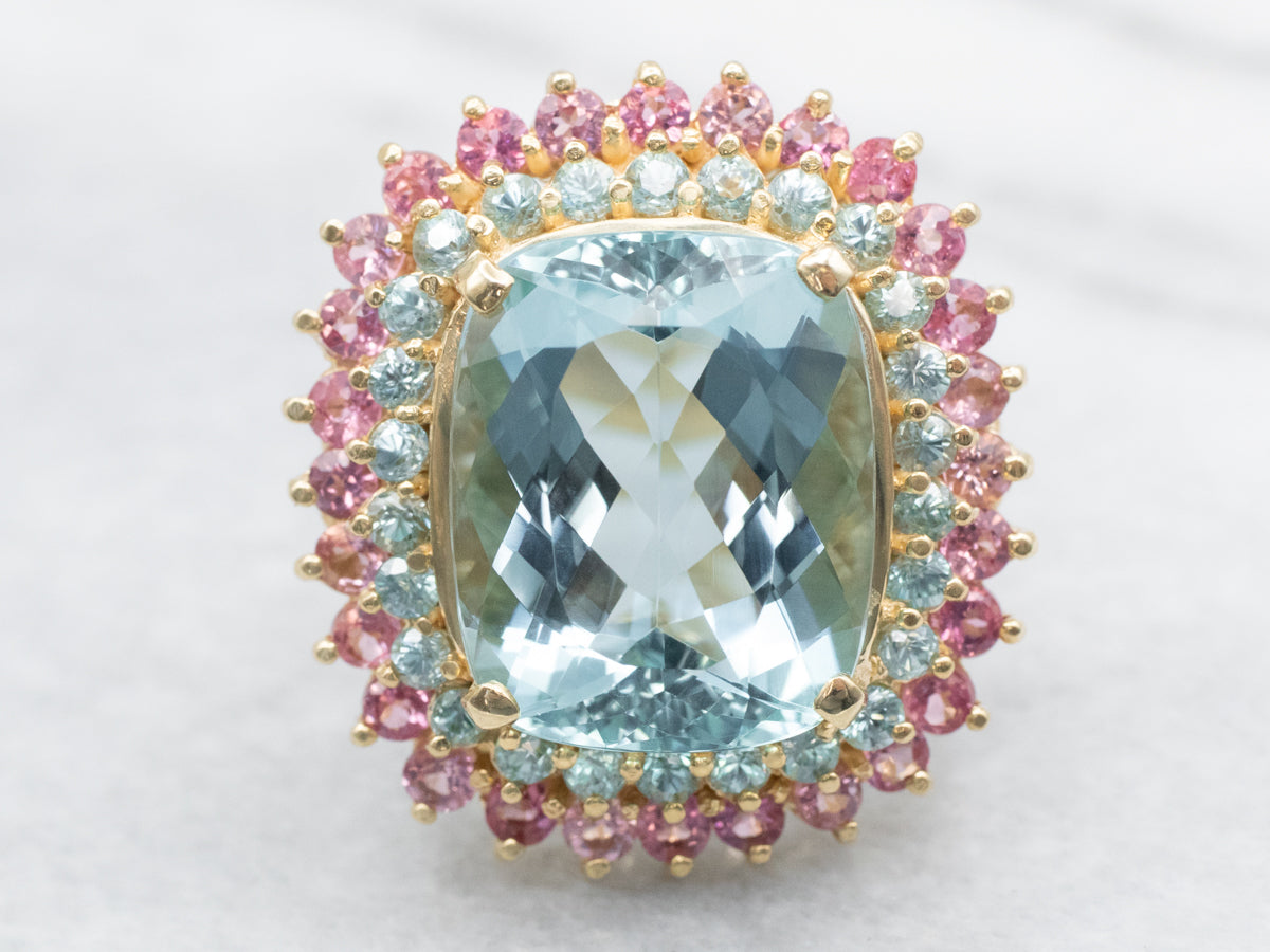 Aquamarine Cocktail Ring with Blue Topaz and Pink Tourmaline Double Halo