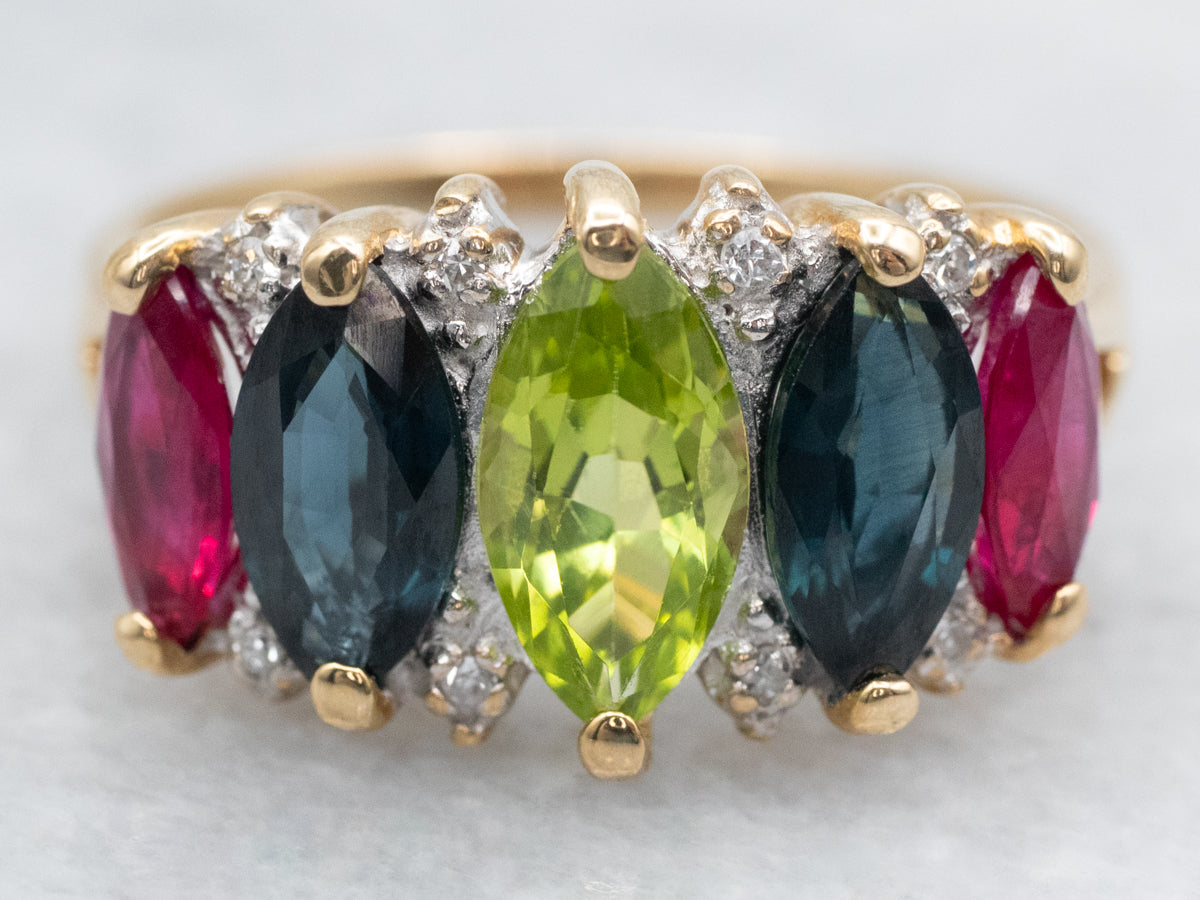 Marquise Peridot Sapphire Ruby and Diamond Statement Ring