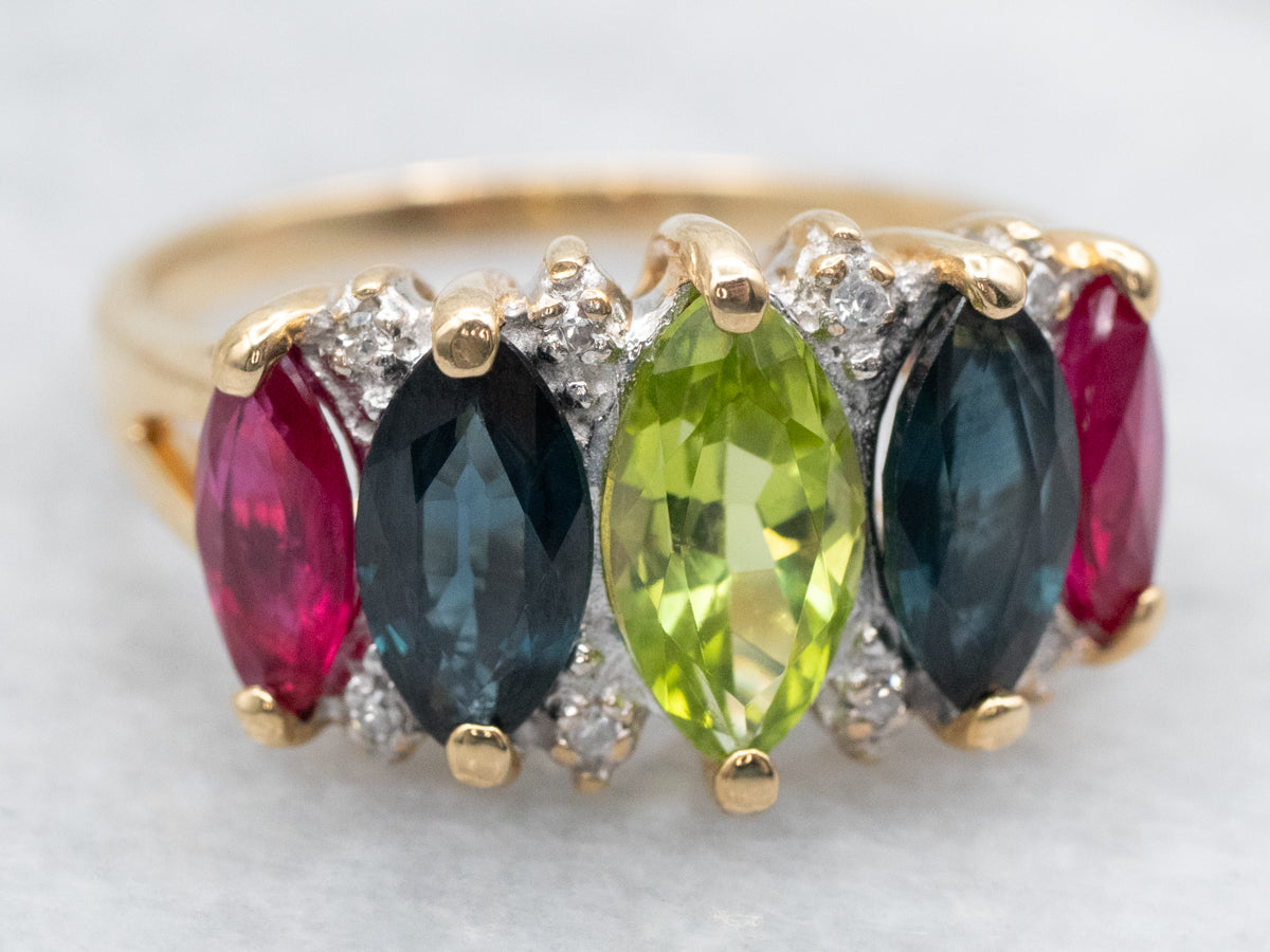 Marquise Peridot Sapphire Ruby and Diamond Statement Ring