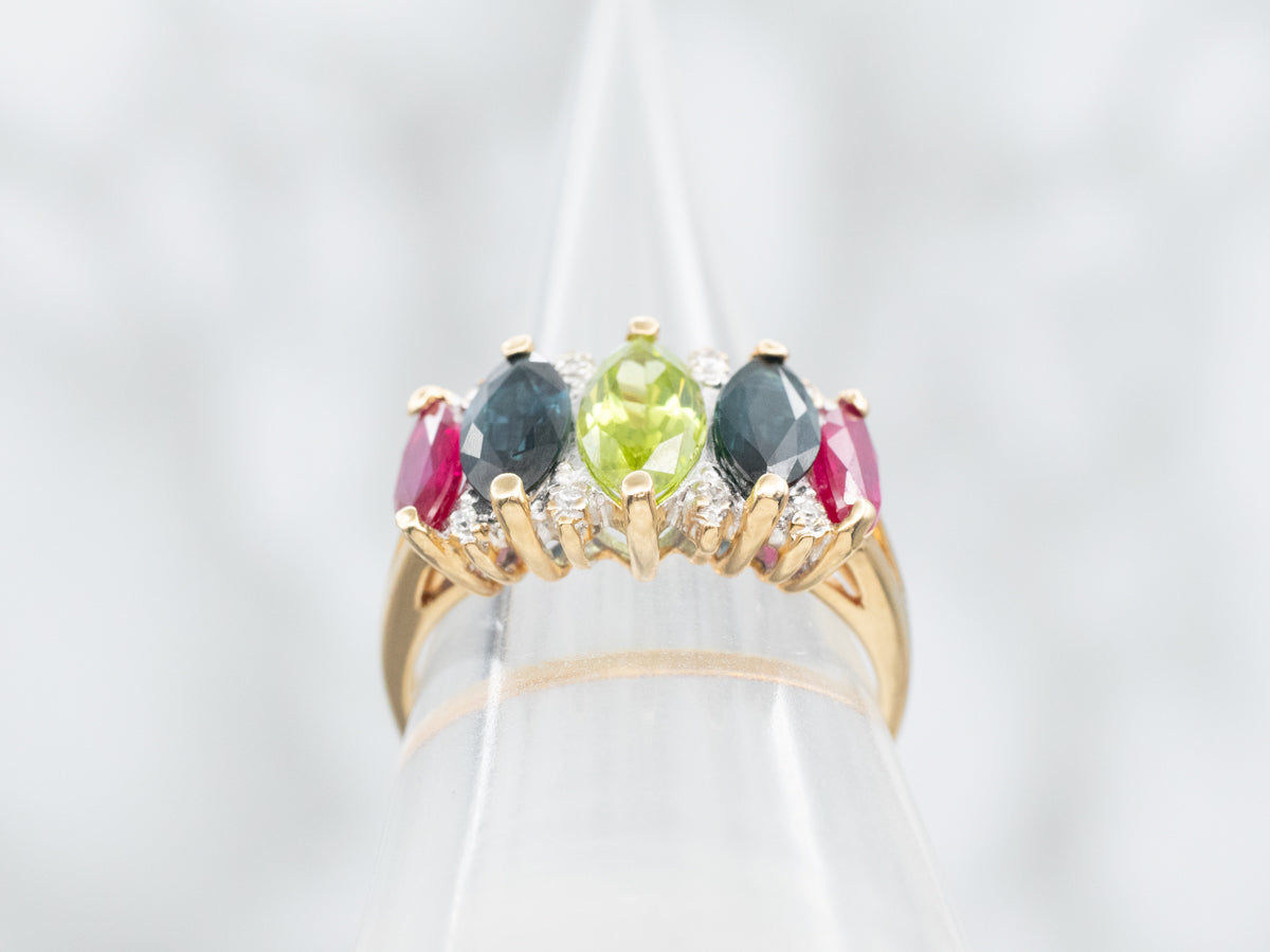 Marquise Peridot Sapphire Ruby and Diamond Statement Ring