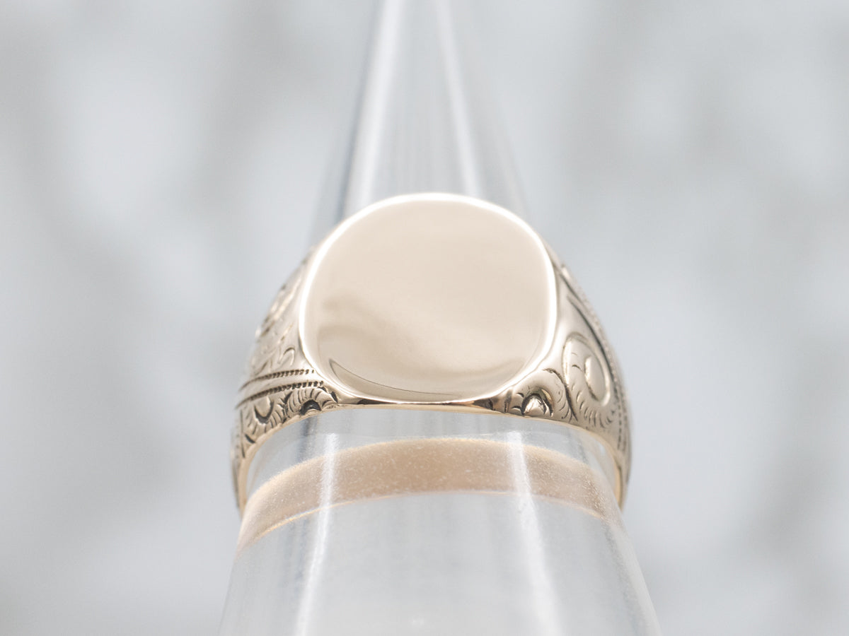 Antique Oval-Face Signet Ring with Scrolling Shoulders