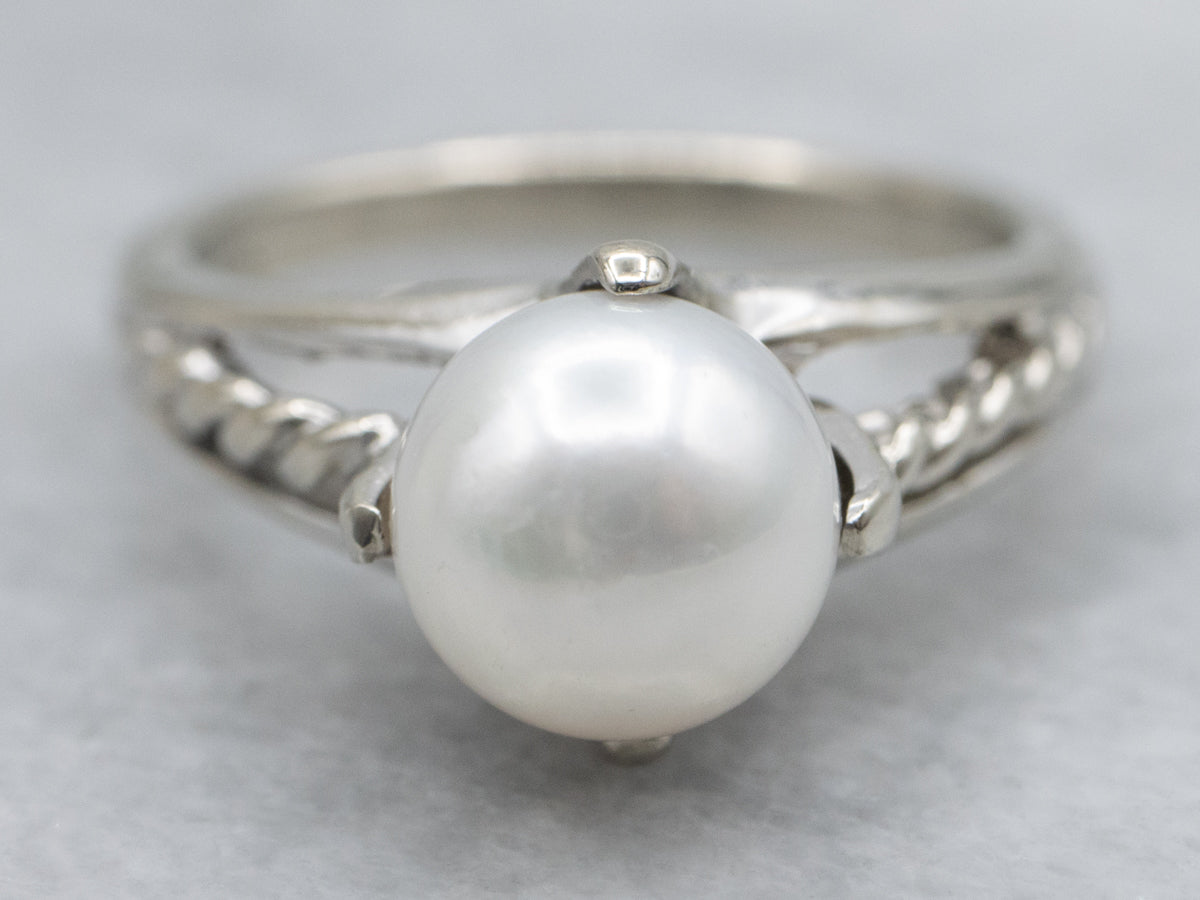 Modern Pearl Solitaire Ring with Twisted Shoulders
