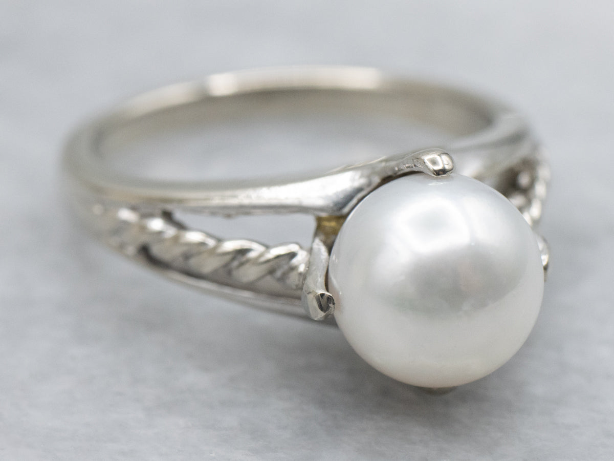 Modern Pearl Solitaire Ring with Twisted Shoulders