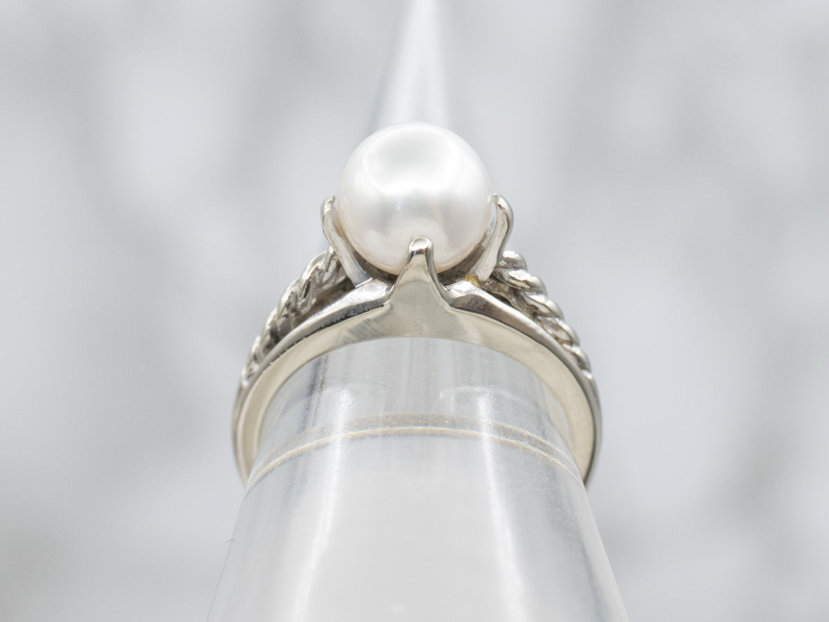 Modern Pearl Solitaire Ring with Twisted Shoulders