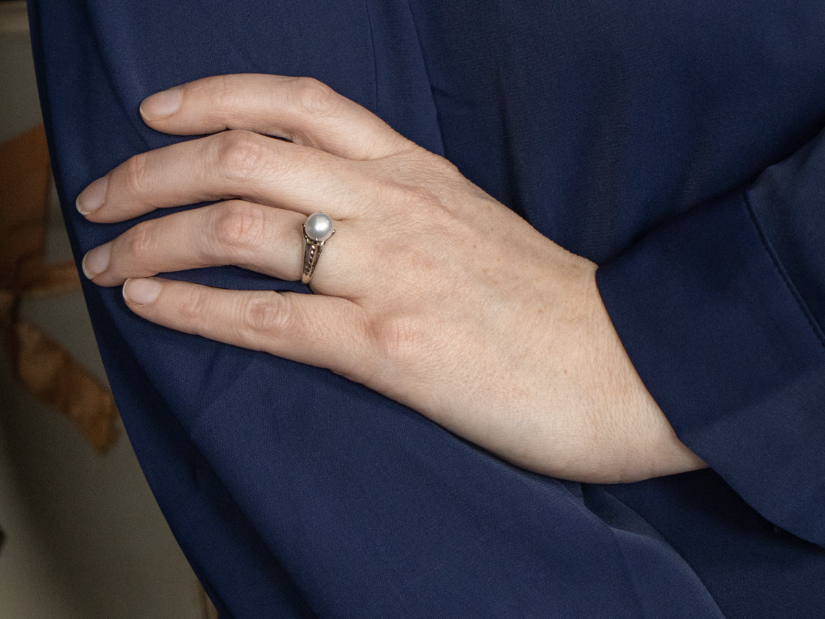 Modern Pearl Solitaire Ring with Twisted Shoulders