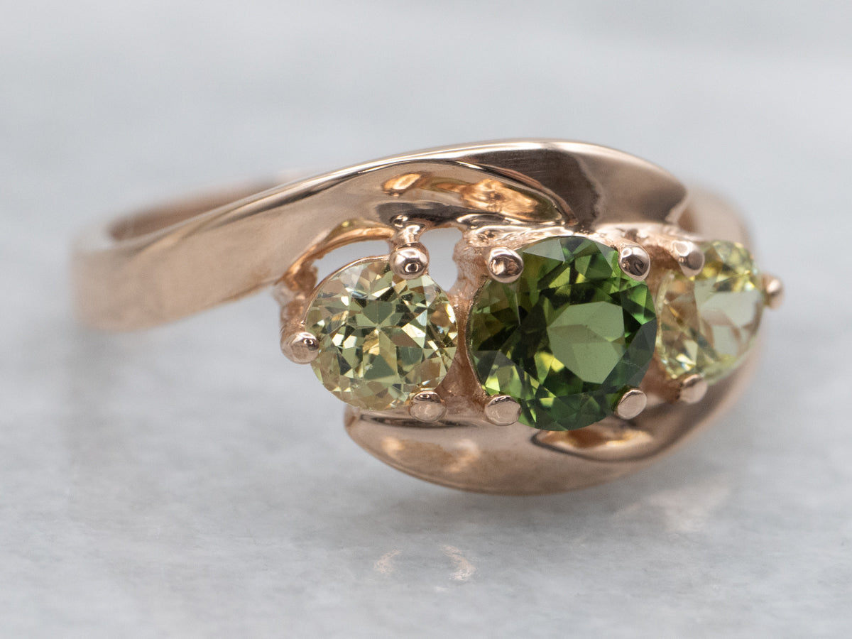 Rose Gold Green Tourmaline and Mali Garnet Bypass Ring