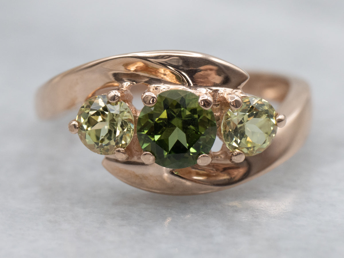 Rose Gold Green Tourmaline and Mali Garnet Bypass Ring