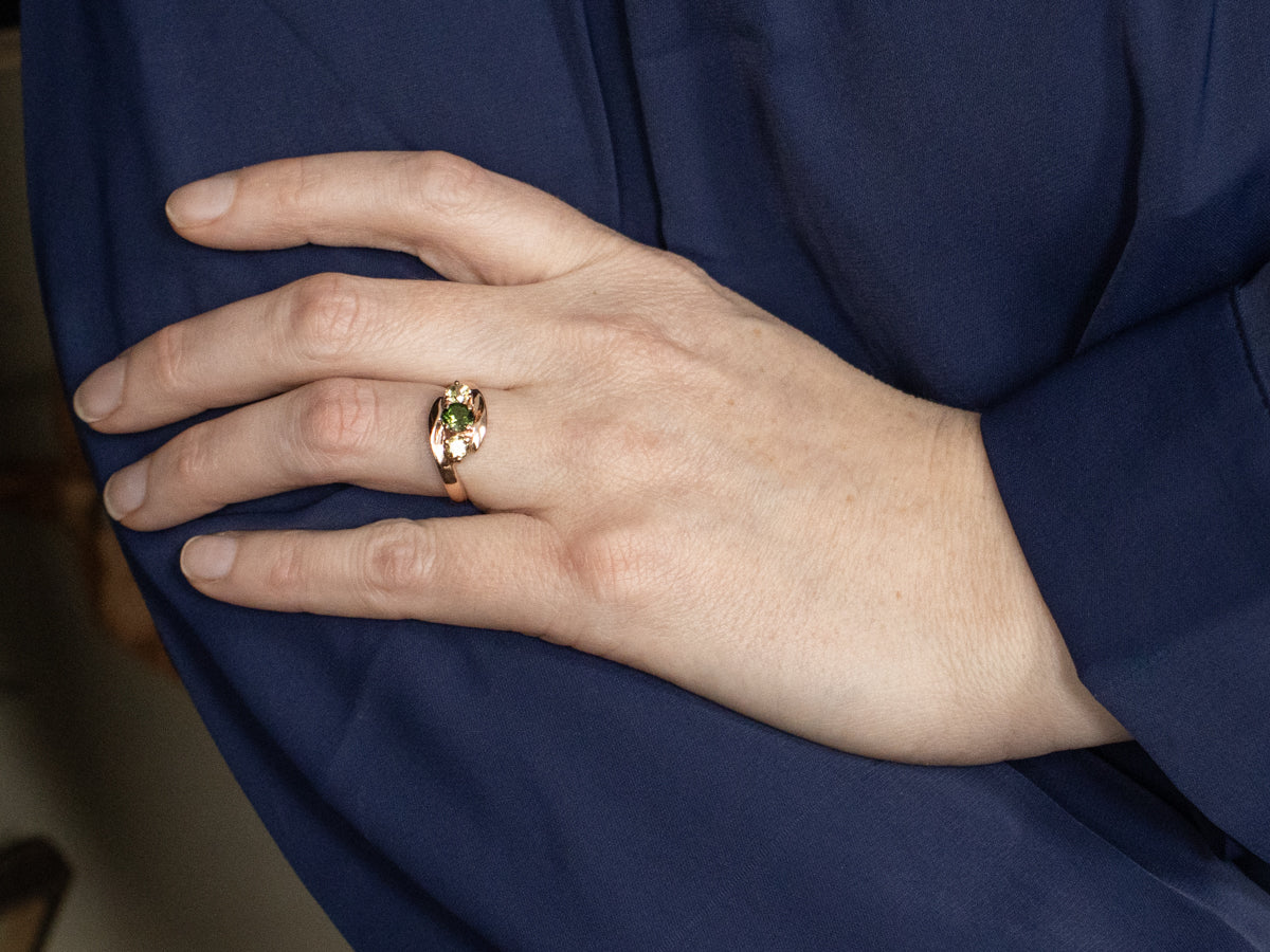 Rose Gold Green Tourmaline and Mali Garnet Bypass Ring