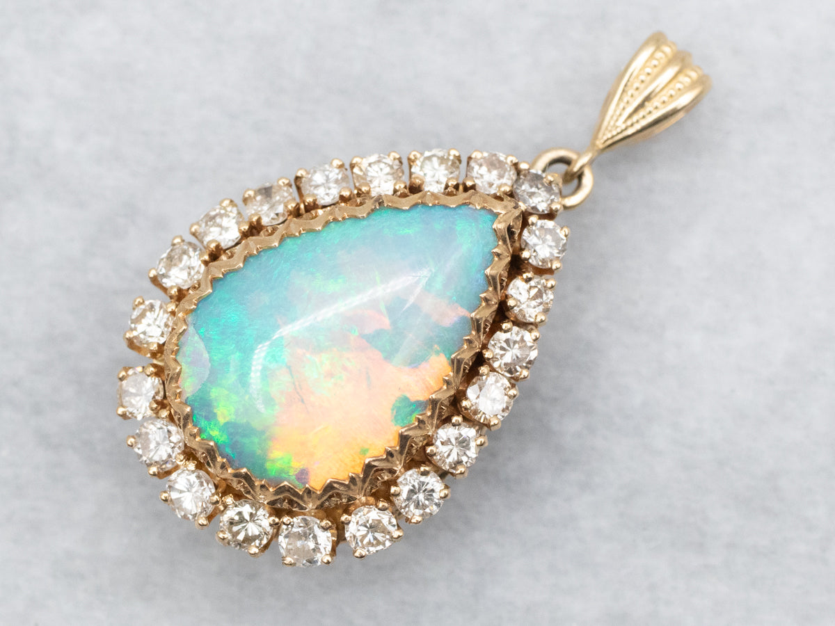 Pear Cut Opal and Diamond Halo Pendant