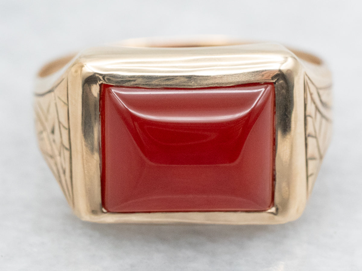 Antique Carnelian Solitaire Ring with Etched Shoulders