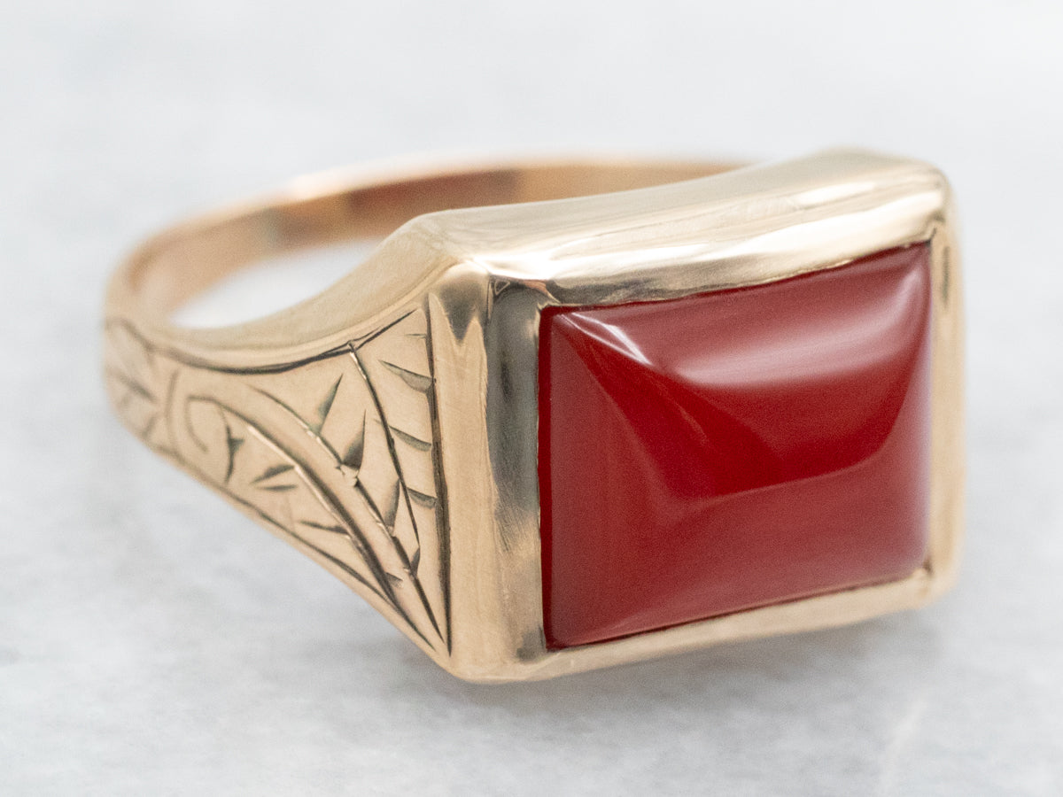 Antique Carnelian Solitaire Ring with Etched Shoulders