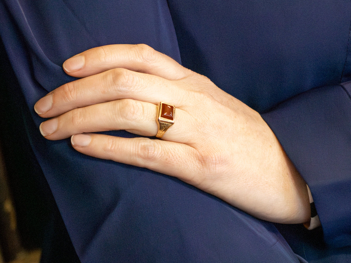 Antique Carnelian Solitaire Ring with Etched Shoulders