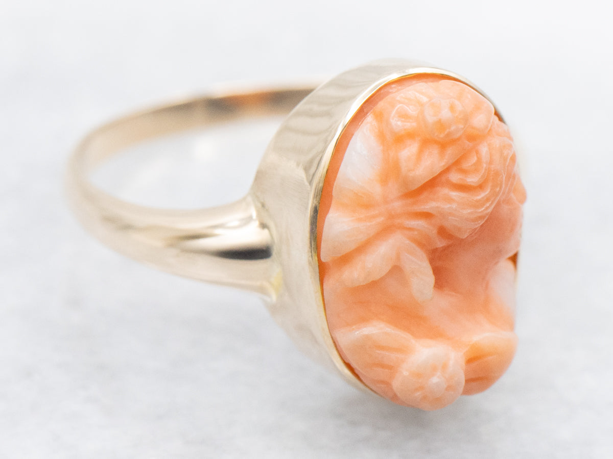 Stunning Vintage Carved Coral Cameo Ring