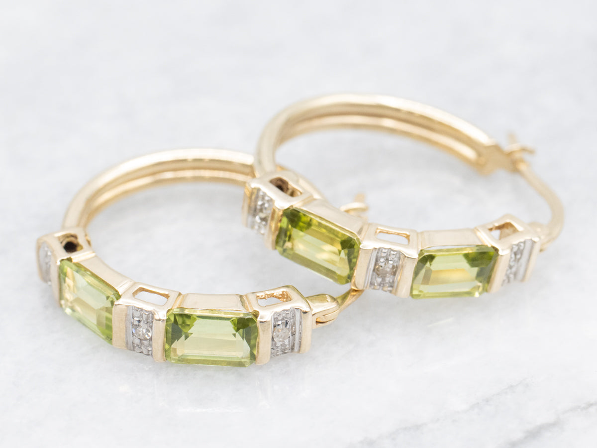 Gold Peridot and Diamond Hoop Earrings