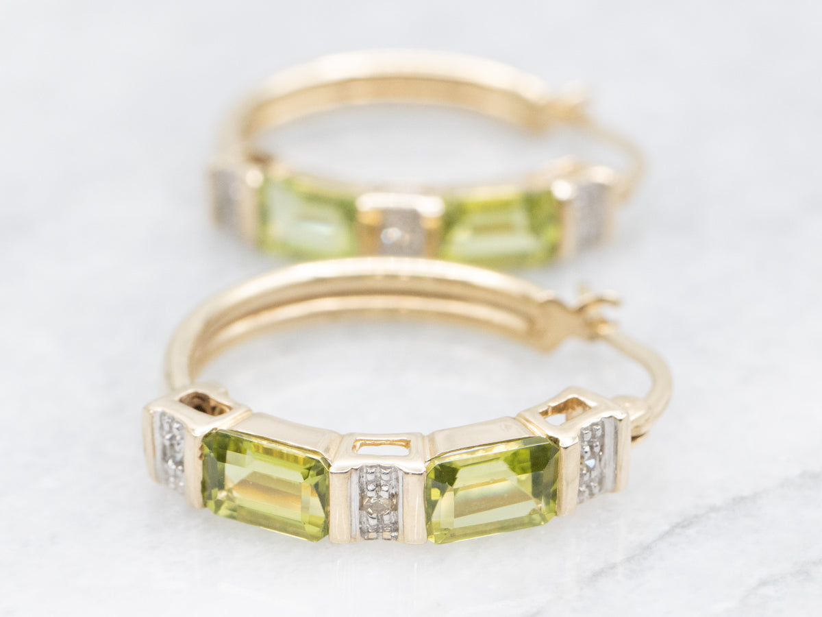 Gold Peridot and Diamond Hoop Earrings