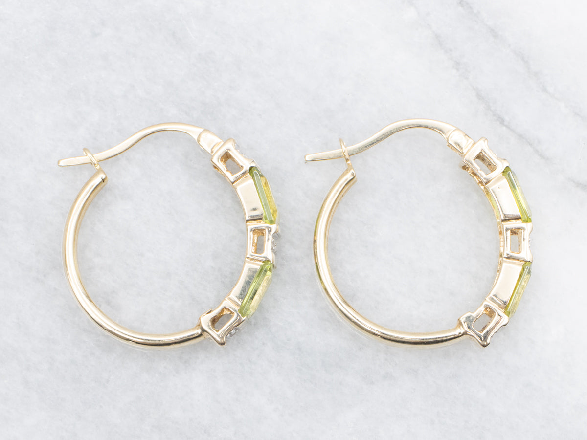 Gold Peridot and Diamond Hoop Earrings