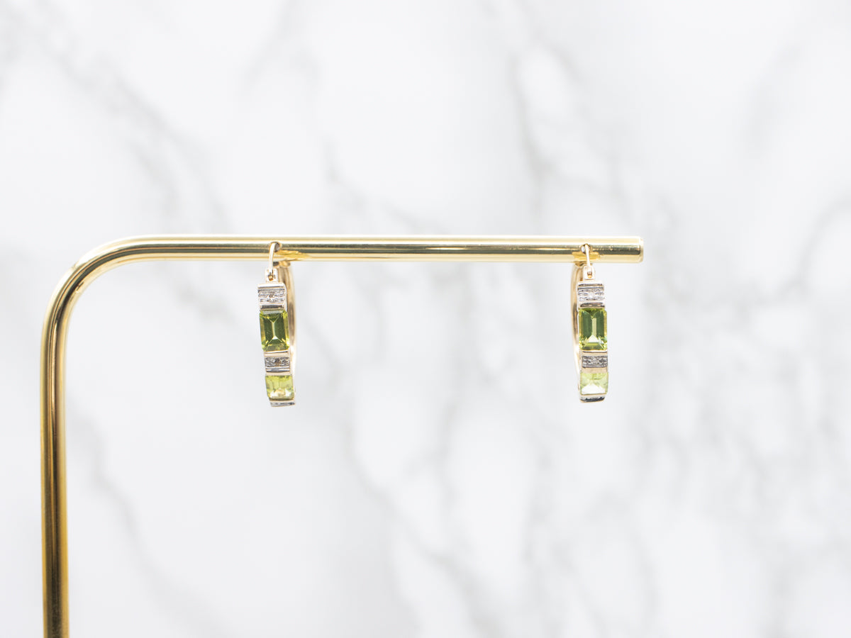 Gold Peridot and Diamond Hoop Earrings
