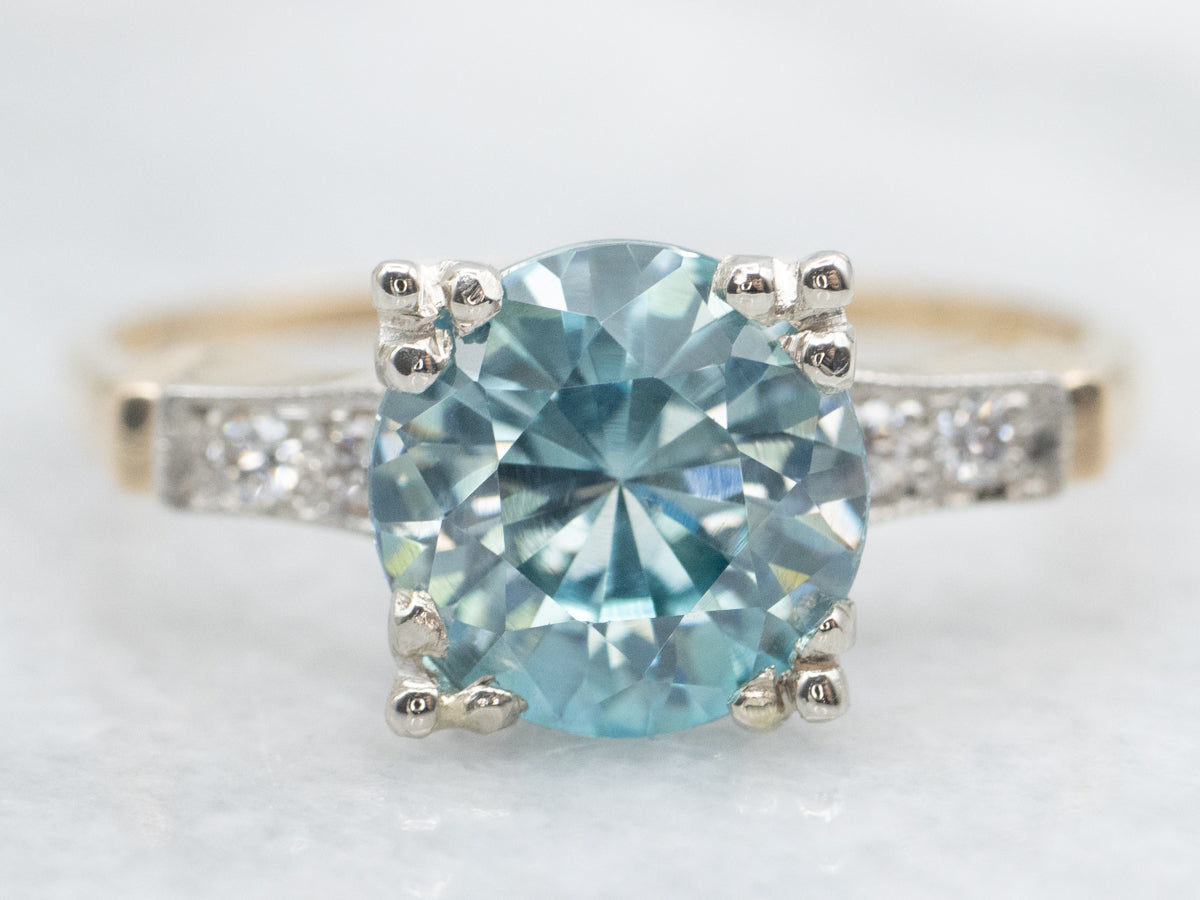 Retro 1950s Blue Zircon and Diamond Ring