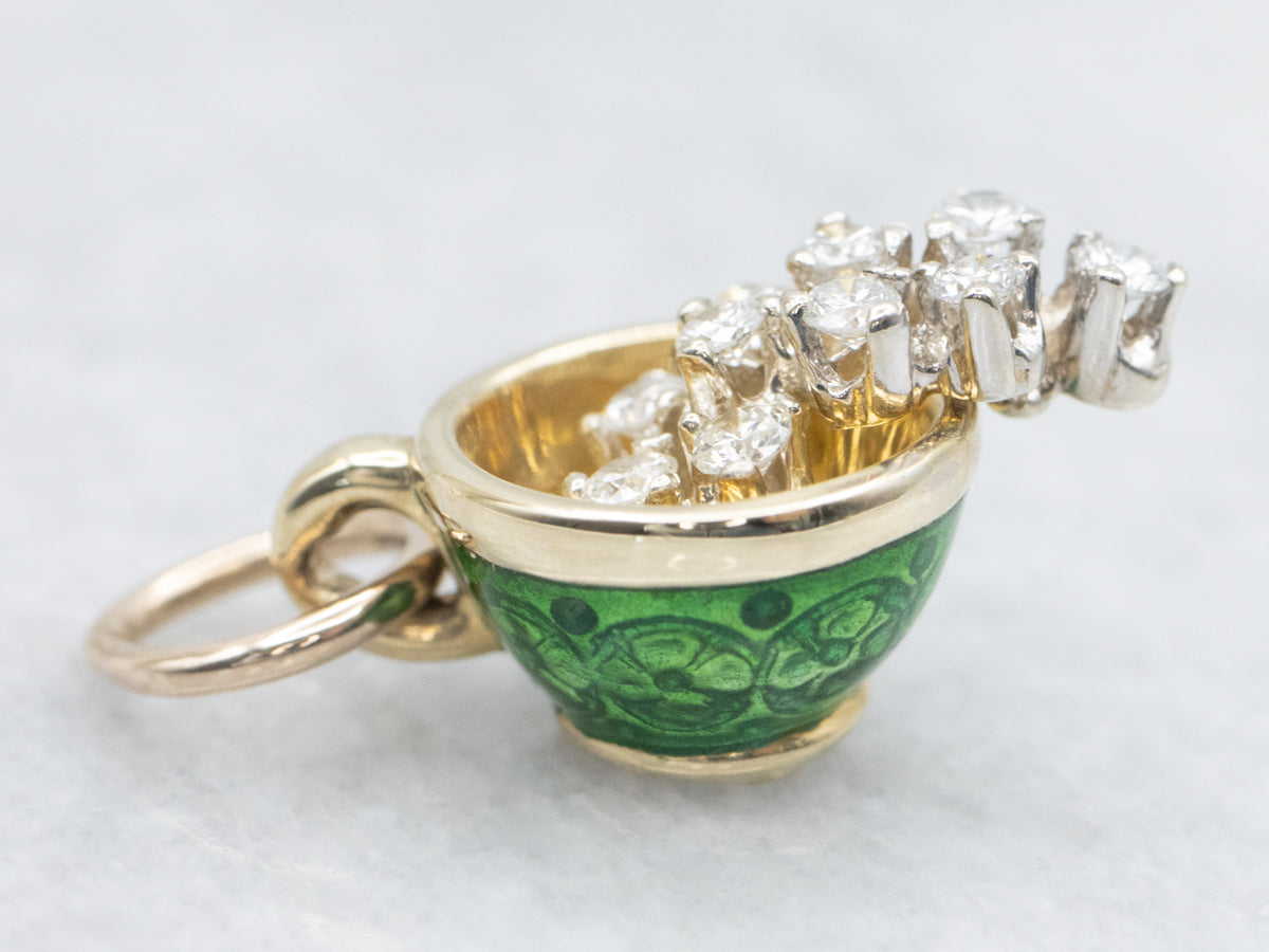 Vintage Gold Diamond and Green Enamel Teacup Pendant