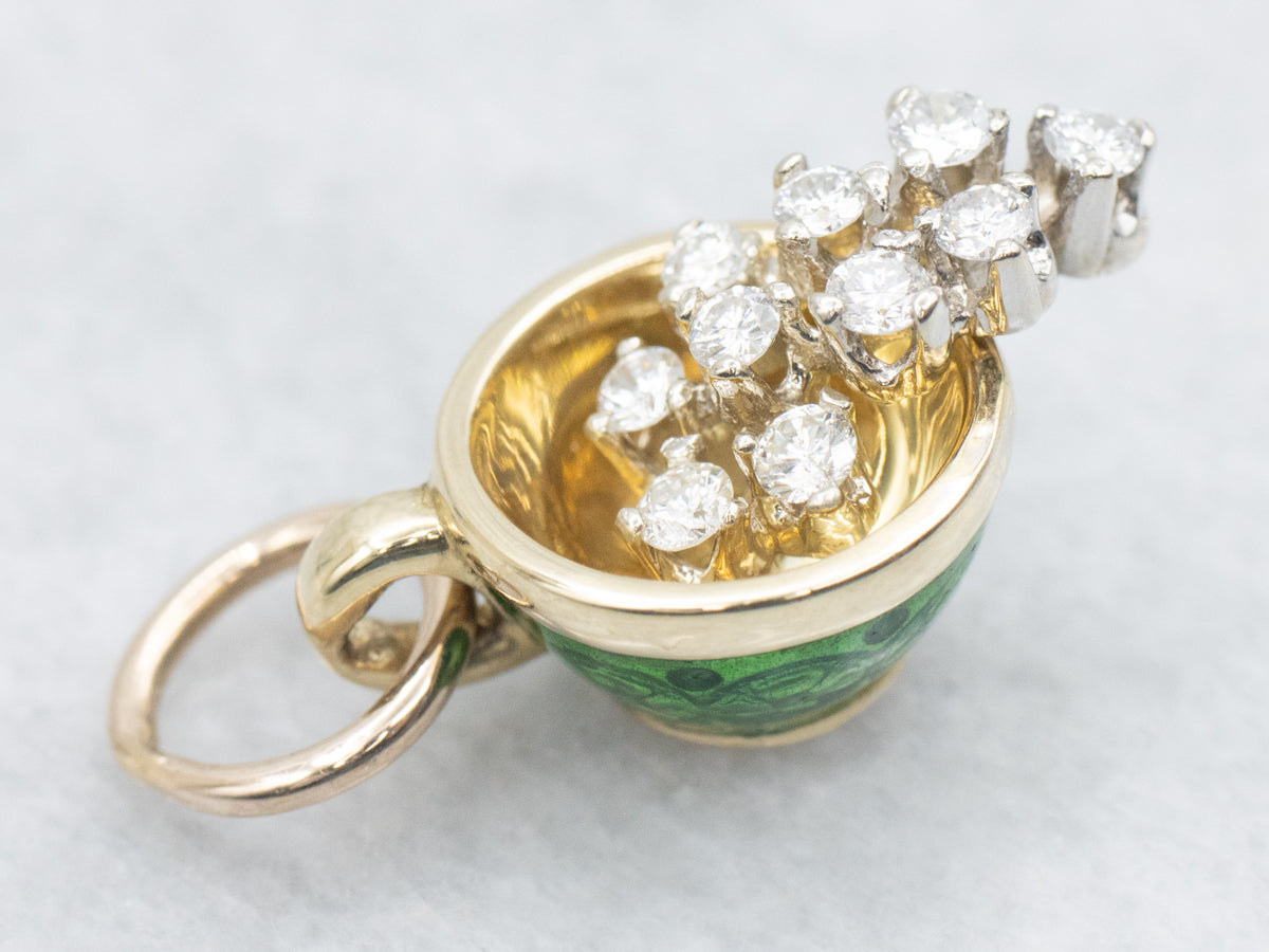 Vintage Gold Diamond and Green Enamel Teacup Pendant