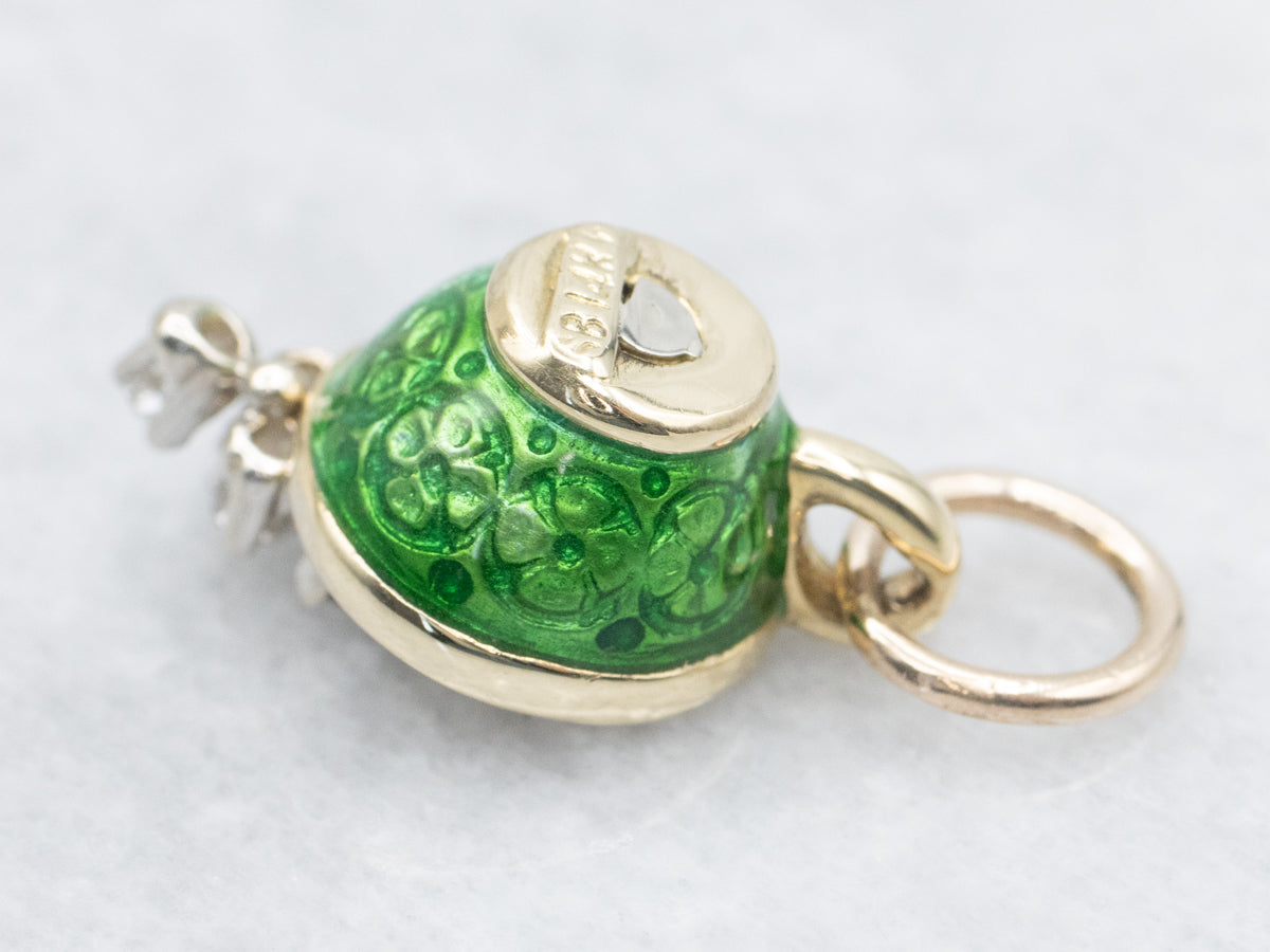 Vintage Gold Diamond and Green Enamel Teacup Pendant