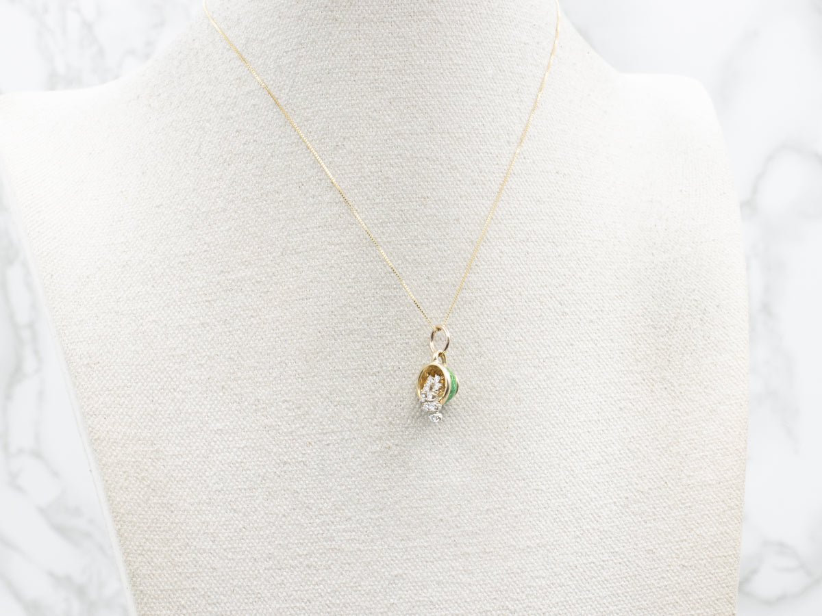 Vintage Gold Diamond and Green Enamel Teacup Pendant