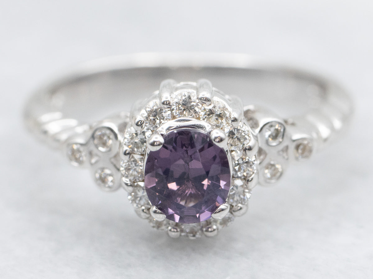 Pretty Purple Spinel and Diamond Halo Ring