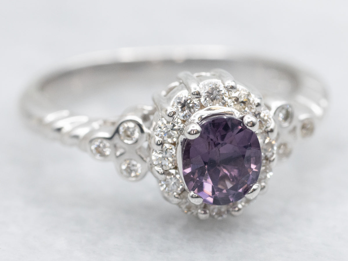Pretty Purple Spinel and Diamond Halo Ring