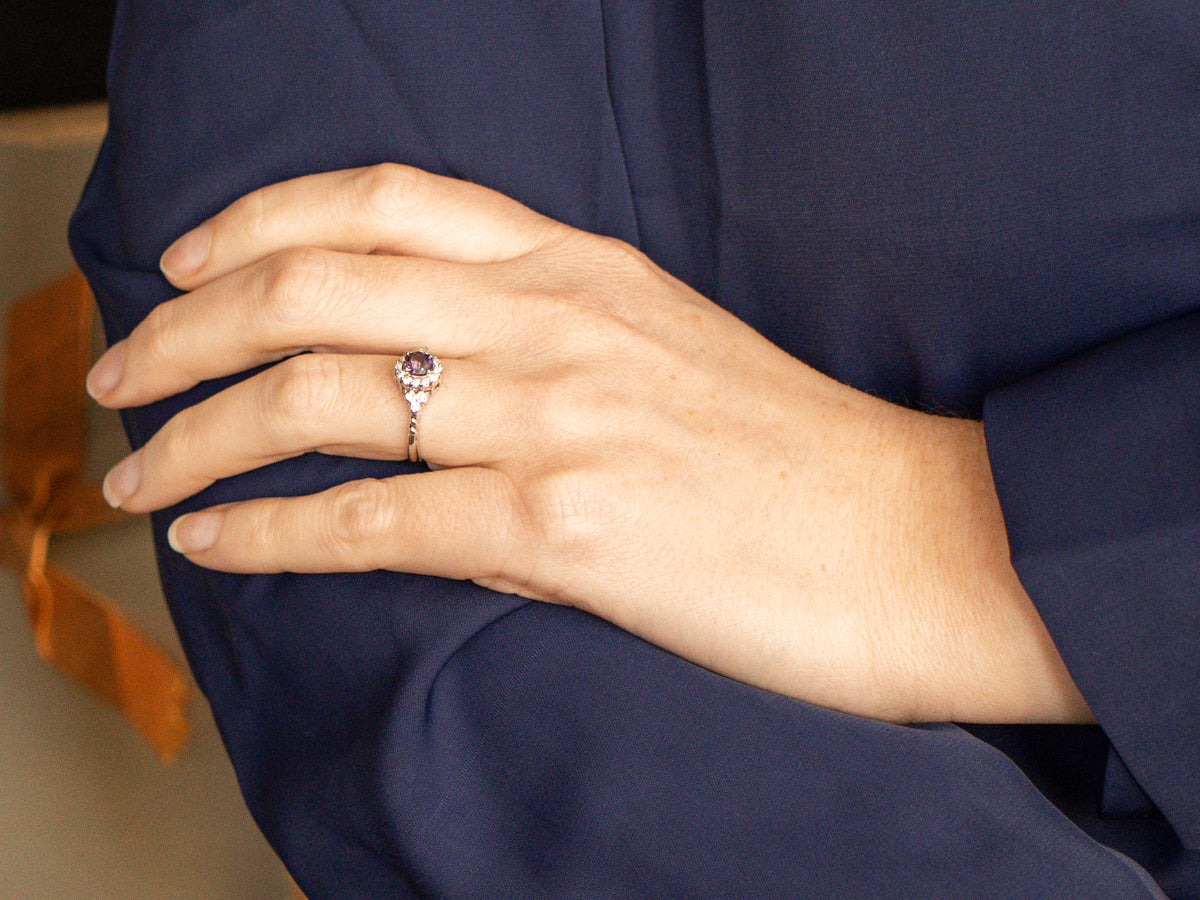Pretty Purple Spinel and Diamond Halo Ring