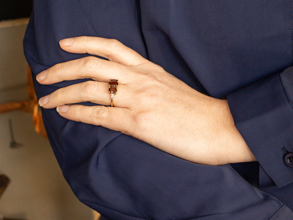 Three Stone Garnet and Diamond Ring