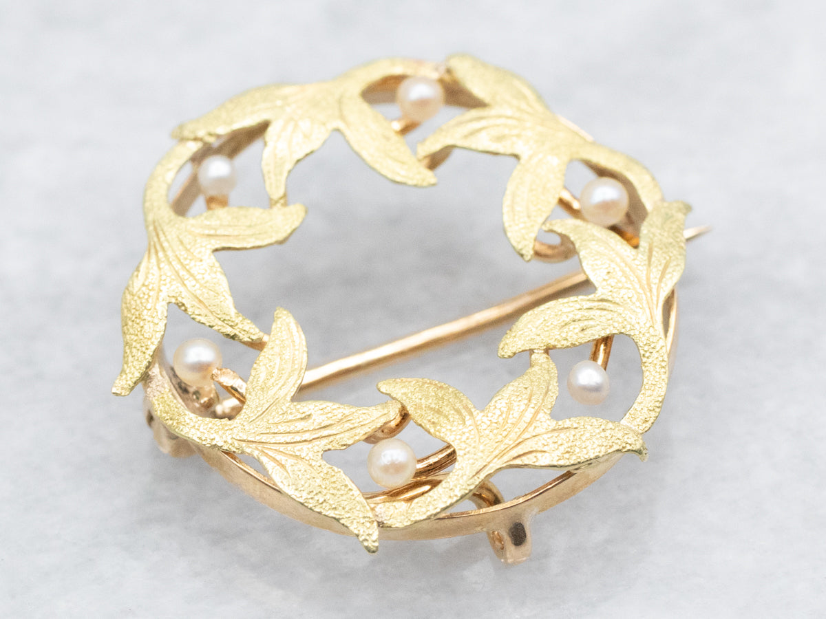 Antique Green Gold Seed Pearl Wreath Circle Pin or Pendant