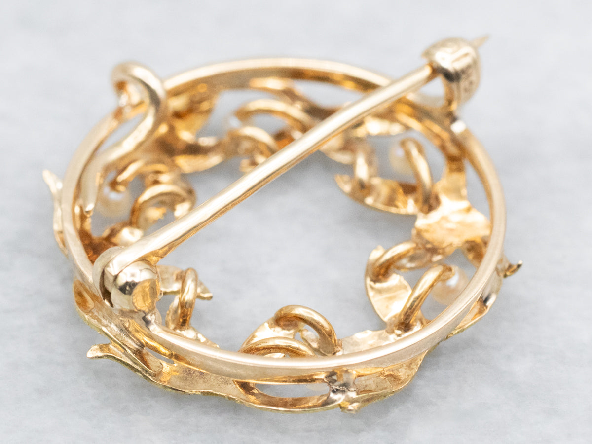 Antique Green Gold Seed Pearl Wreath Circle Pin or Pendant