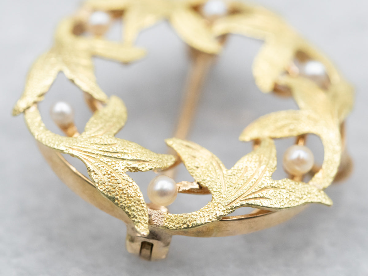 Antique Green Gold Seed Pearl Wreath Circle Pin or Pendant