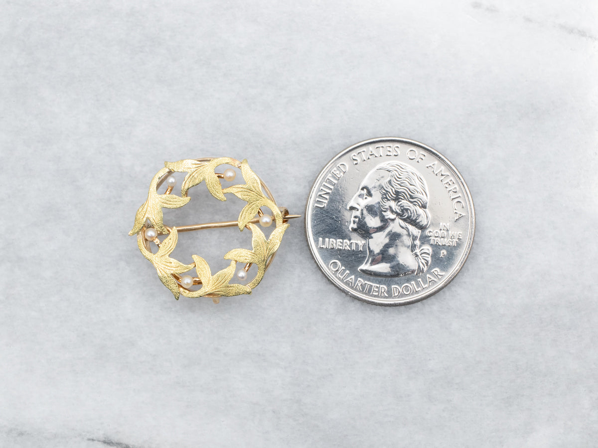 Antique Green Gold Seed Pearl Wreath Circle Pin or Pendant