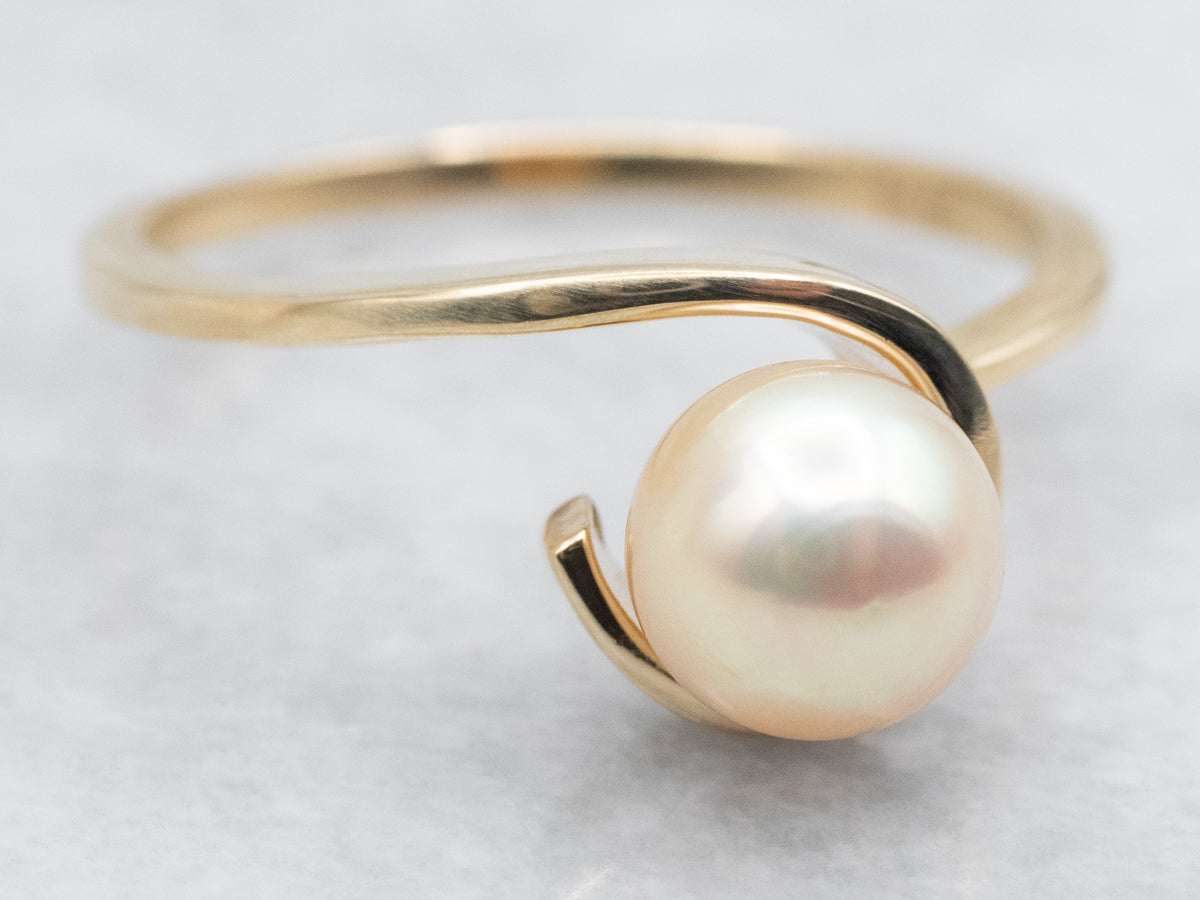 Scrolling Champagne Pearl Solitaire Ring