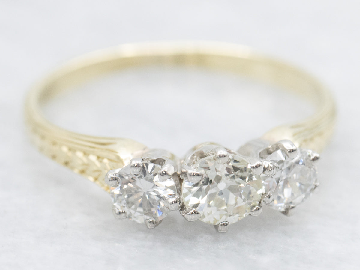 Old Mine Cut Diamond Three Stone Antique Engagement Ring